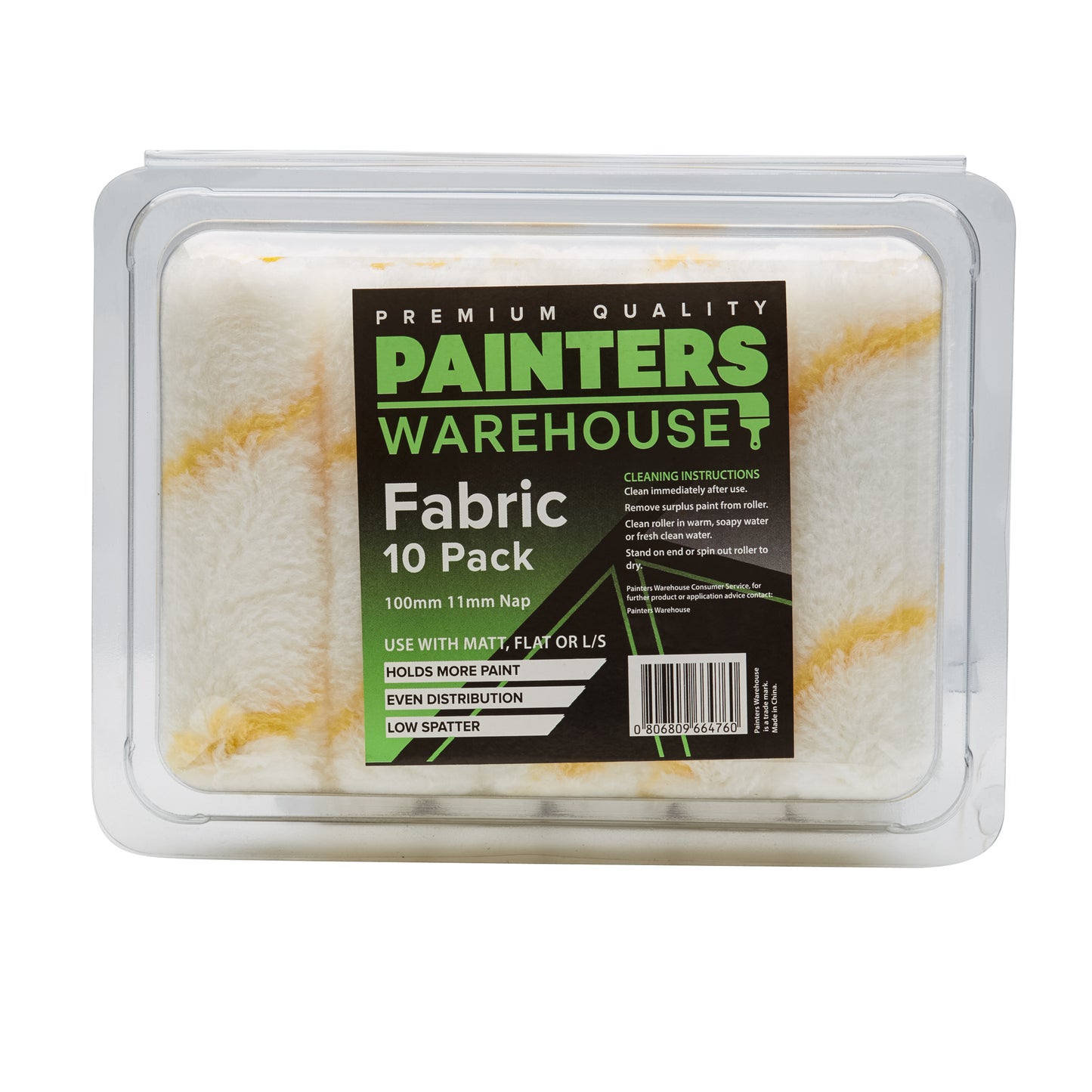 10 Fabric Mini Rollers per pack. Sold as a set of 3 packs